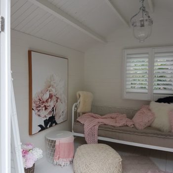kitset cabin interior pink and white